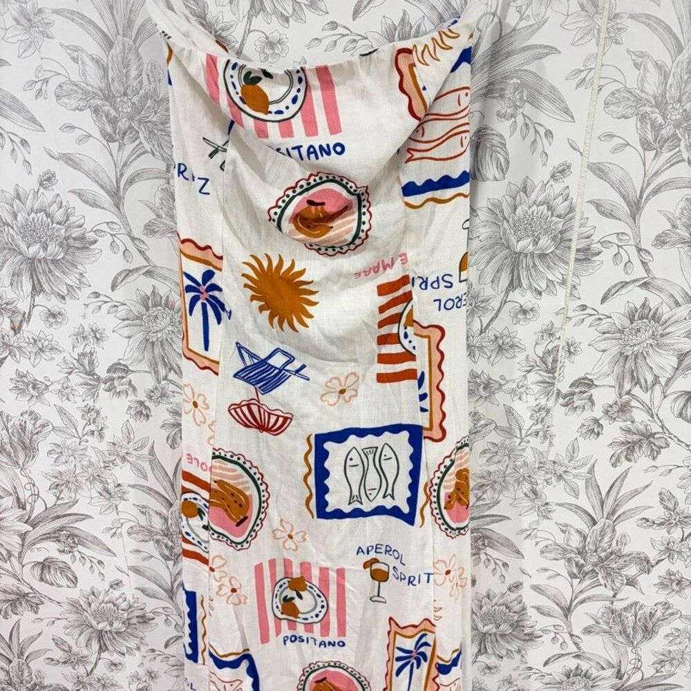 Paper Heart Dress Women XS Maxi Strapless Linen Blend Italy Capri Aperol Print - Picture 6 of 10